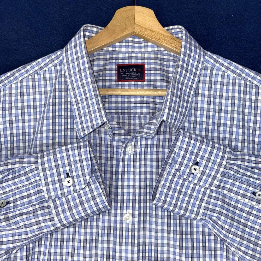 UNTUCKit Shirt Mens 2XL Blue Check Relaxed Fit Wrinkle Free Long Sleeve Offcie